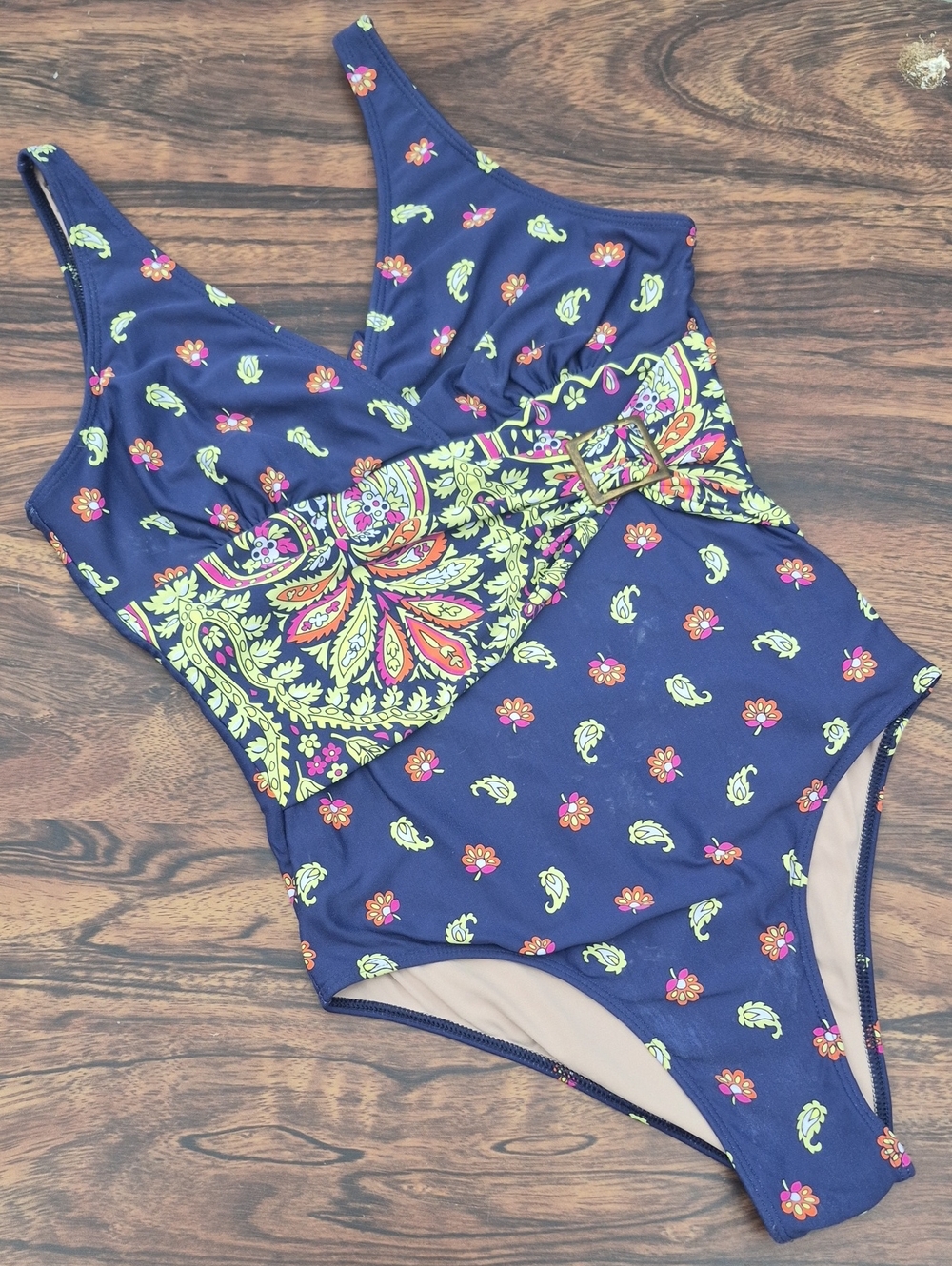 Floral One-Piece Swimsuit with Decorative Belt